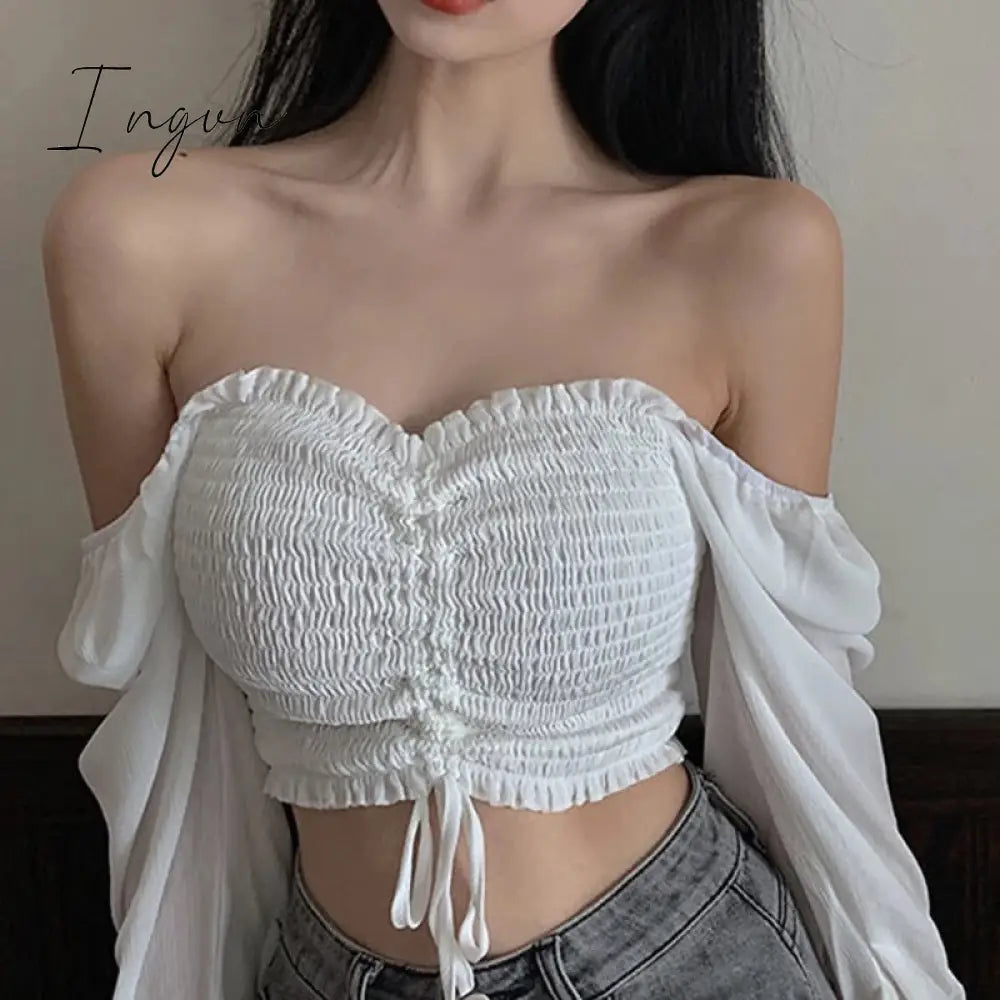 Ingvn - Low cut Blouse Woman Fashion Pretty Blouses Crop Top Youth Elegant Puff sleeve Chiffon Shirt Sexy