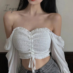 Ingvn - Low cut Blouse Woman Fashion Pretty Blouses Crop Top Youth Elegant Puff sleeve Chiffon Shirt Sexy