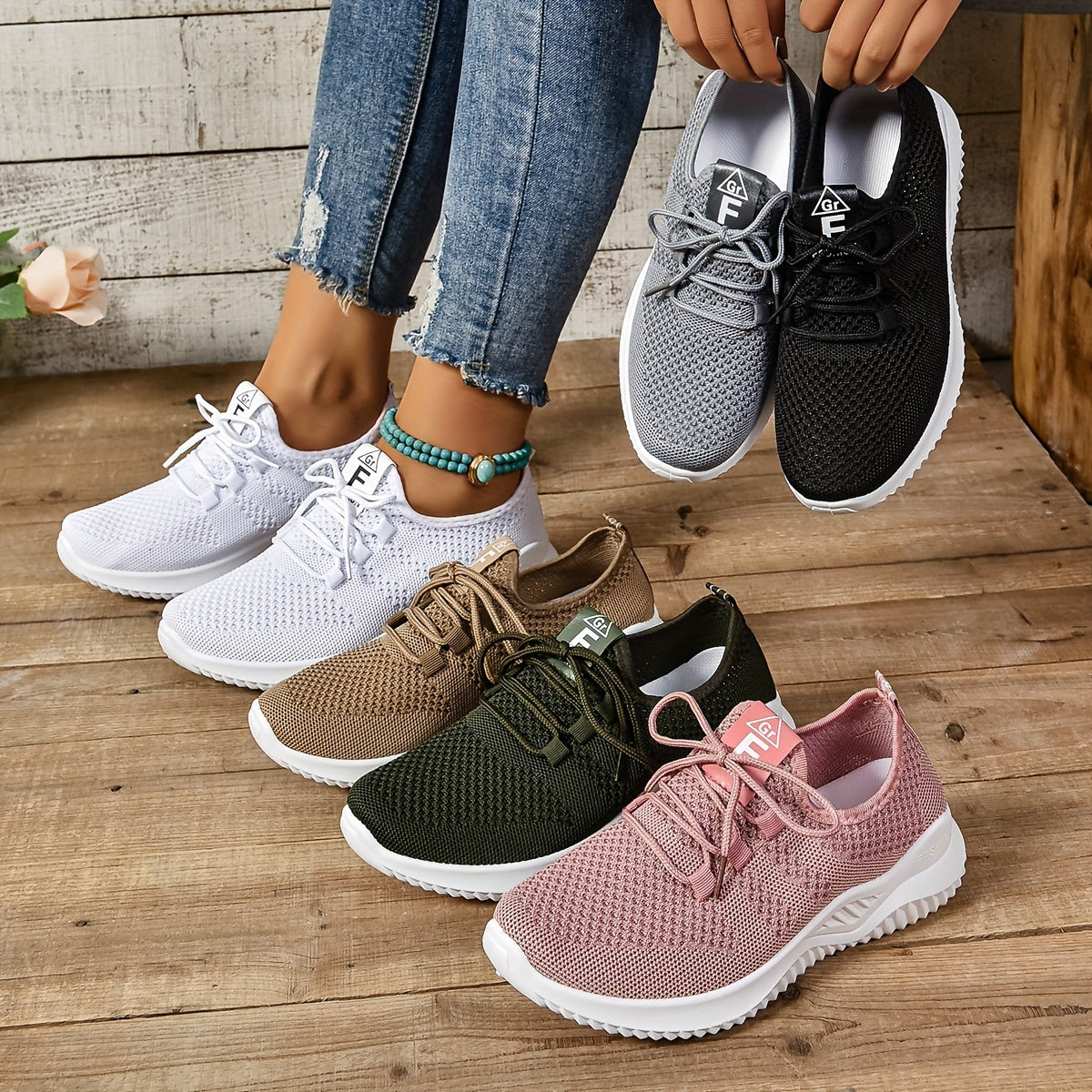 Women'S Casual Running Shoes, Breathable Fabric Sneakers, Low Top Lace-Up, Solid Color, Hand Wash Only, No Embellishments, All-Season Comfort