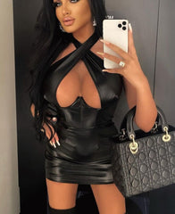 Pu Leather Faux Halter Hollow Out Slip Sleeveless Mini Dress Solid  Fall Bodycon Evening Party Elegant Vestidos