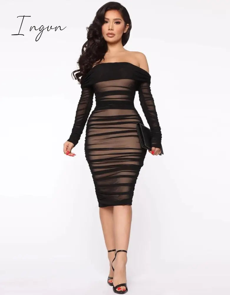 Ingvn - Trends high quality Off Shoulder Ruched Double Layer Mesh Dress Women Long Sleeve Sexy Dresses Ladies Autumn Party Long Christmas Dress