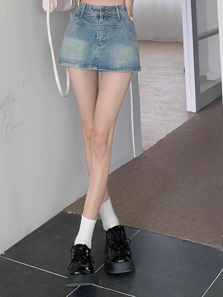 Ins Summer Women Y2k Loose Denim Skirts Lady Korean High Waist Dress Female Light Blue Black Gray Wrap Hip A Line Short Skirts
