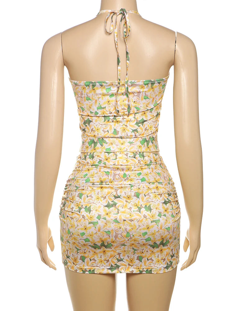 Sweet Floral Print Women 2 Piece Set Elegant Halter Shirring Tube Camisole+Peach Hip Skirts Sexy Club Matching Suits