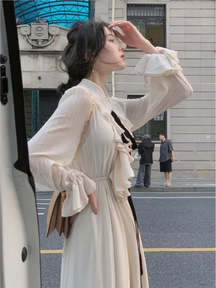 Sweet Preppy Style Long Dress Women Elegant French A Line Ruffles Casual Chic Office Robe Spring New Fashion Vestdios Mujer