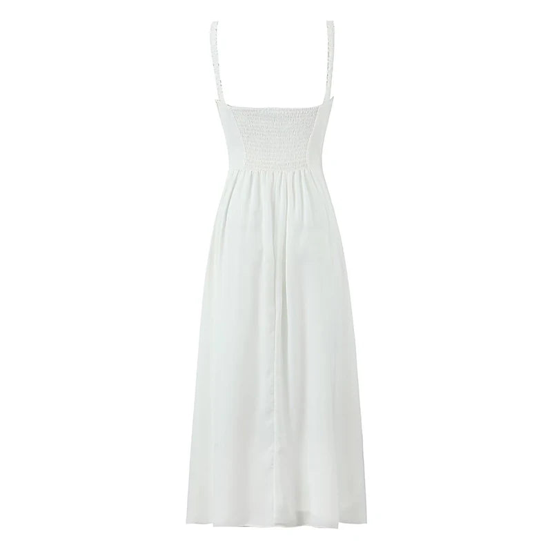 Elegant Women Midi Long White Sling Dress Sexy Sleeveless A-line Summer Holiday Party Dresses Female Robe