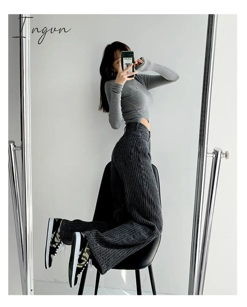 Ingvn - Women Jeans High Waist Casual Streetwear y2k Baggy Office Lady New Fashion Korean Denim Trousers Female Straight Wide Leg Pants