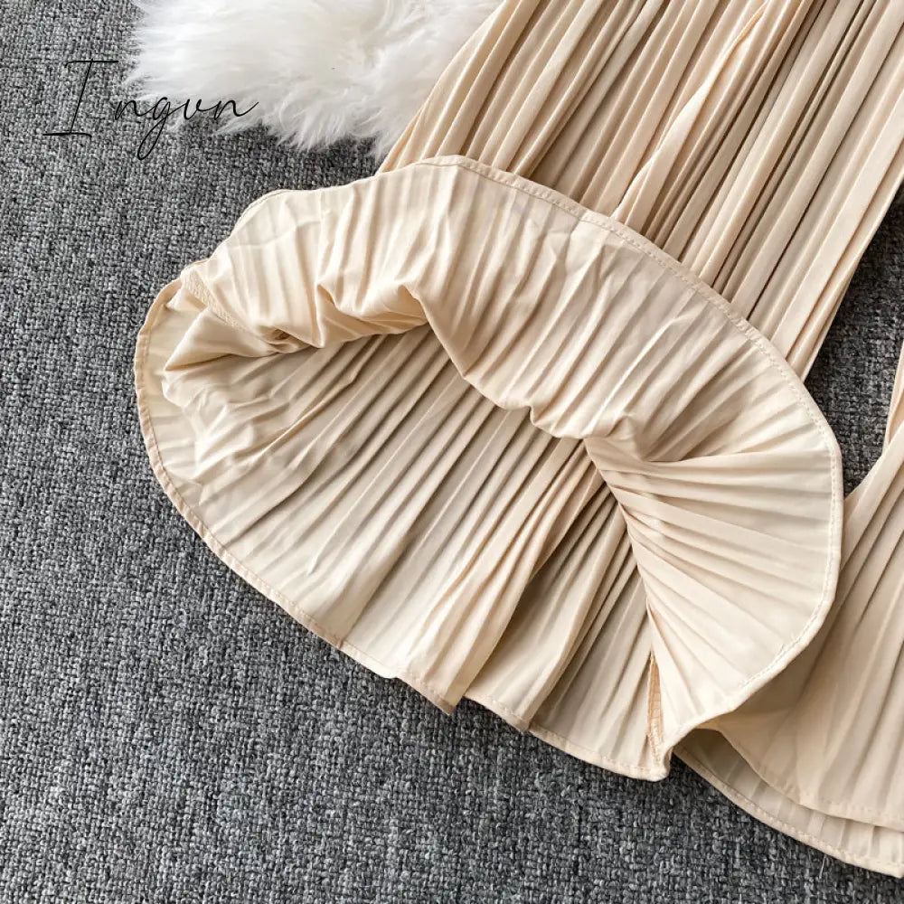 Ingvn - Vintage Notched Collar Draped Rompers For Women Casual Sleeveless High Waist Wide Leg Playsuits Female Beige/Green Jumpsuit