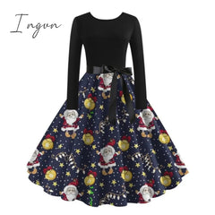 Ingvn - Christmas Halloween Costumes  Retro Positioning Print Party Casual Long Sleeve Round Neck Swing Dress