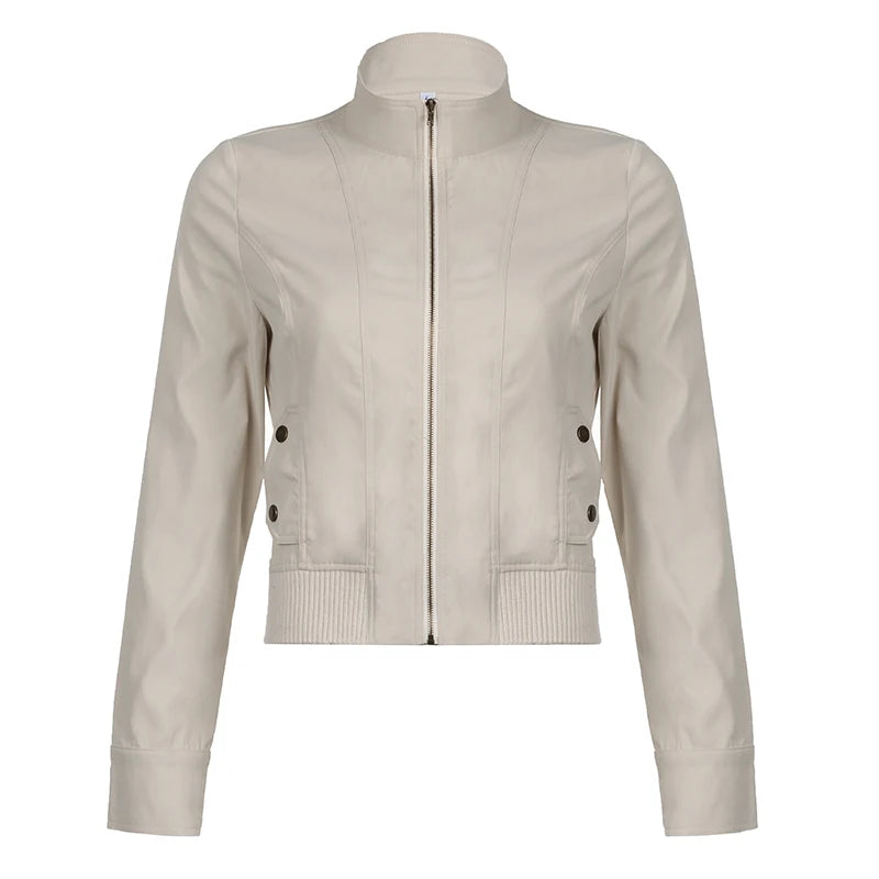 Patchwork Zip-up Cropped Jacket y2k Streetwear Full Sleeve Turtleneck Pockets Coat for Women Vintage 2000s Clothing Basic