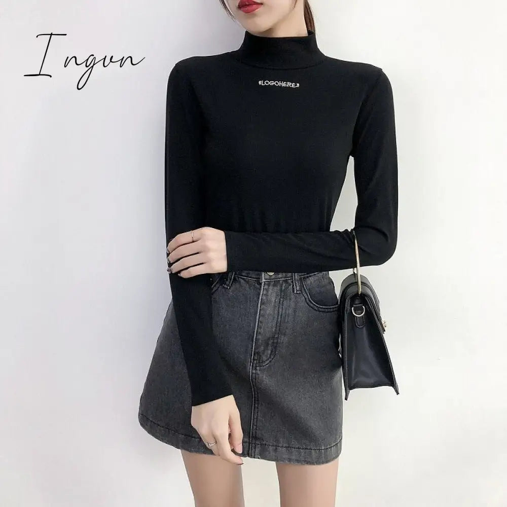 Ingvn - harajuku Solid Bottoming t Shirt Women Spring Autumn Tee Shirts Korean Turtleneck Slim Long Sleeve Black White T-shirts 90s tops