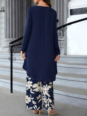 Long Sleeve Crew Neck Vacation Style Elegant Pantsuits, Wide Leg Pants & Dipped Hem Top Outfits, Women's Clothing
