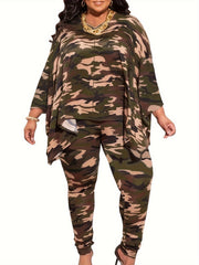 Plus Size Casual Outfits Two Piece Set, Women's Plus Leopard Print Bat Sleeve Round Neck Oversized Top & Pants Outfits 2 Piece Set