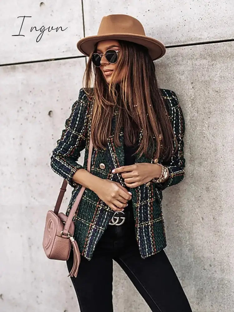 Ingvn - Women's Blazer Tweed Plaid Long Sleeve Coat Fall Winter Business Double Breasted Regular Jacket Green Brown XL 2XL 3XL