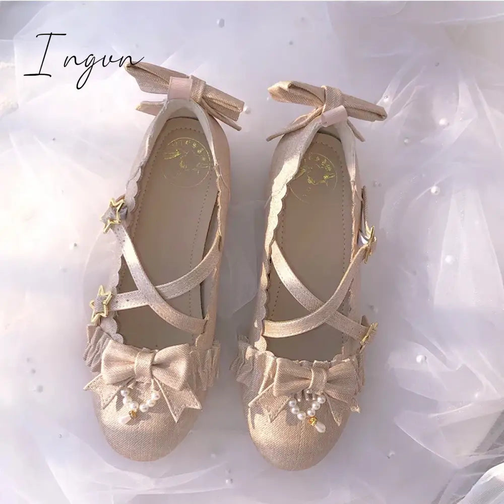 Ingvn - Sweet Lolita Shoes Vintage Round Head Middle Heel 3-5cm Women Shoes Cute Bowknot Cross Bandage Kawaii Shoes Loli  Kawaii Girl