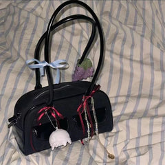 INGVN  Korean Fashion Women Shoulder Bag Pure Black Pu Leather Bowling Handbag Casual Luxury Vintage 2024 New Boston Tote Bag