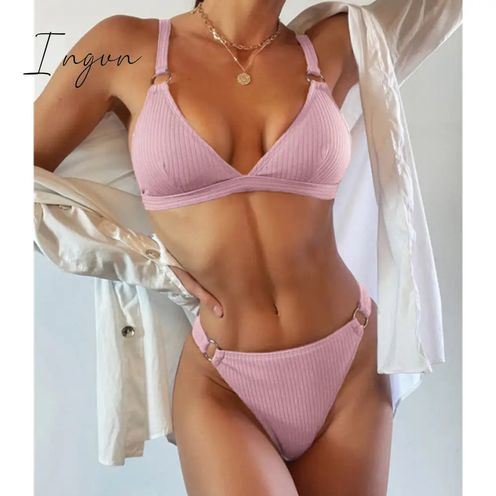 Ingvn - New Sexy Ribbed Ring Bikinis Swimsuit Women Push Up Swimwear Solid Bikini Set Summer Beach Brazil Biquini Swim Bathing Suit