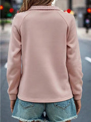 Ingvn - Women's Sweatshirt Pullover Basic Quarter Zip Pink Solid Color Casual V Neck Long Sleeve Top Micro-elastic Fall & Winter