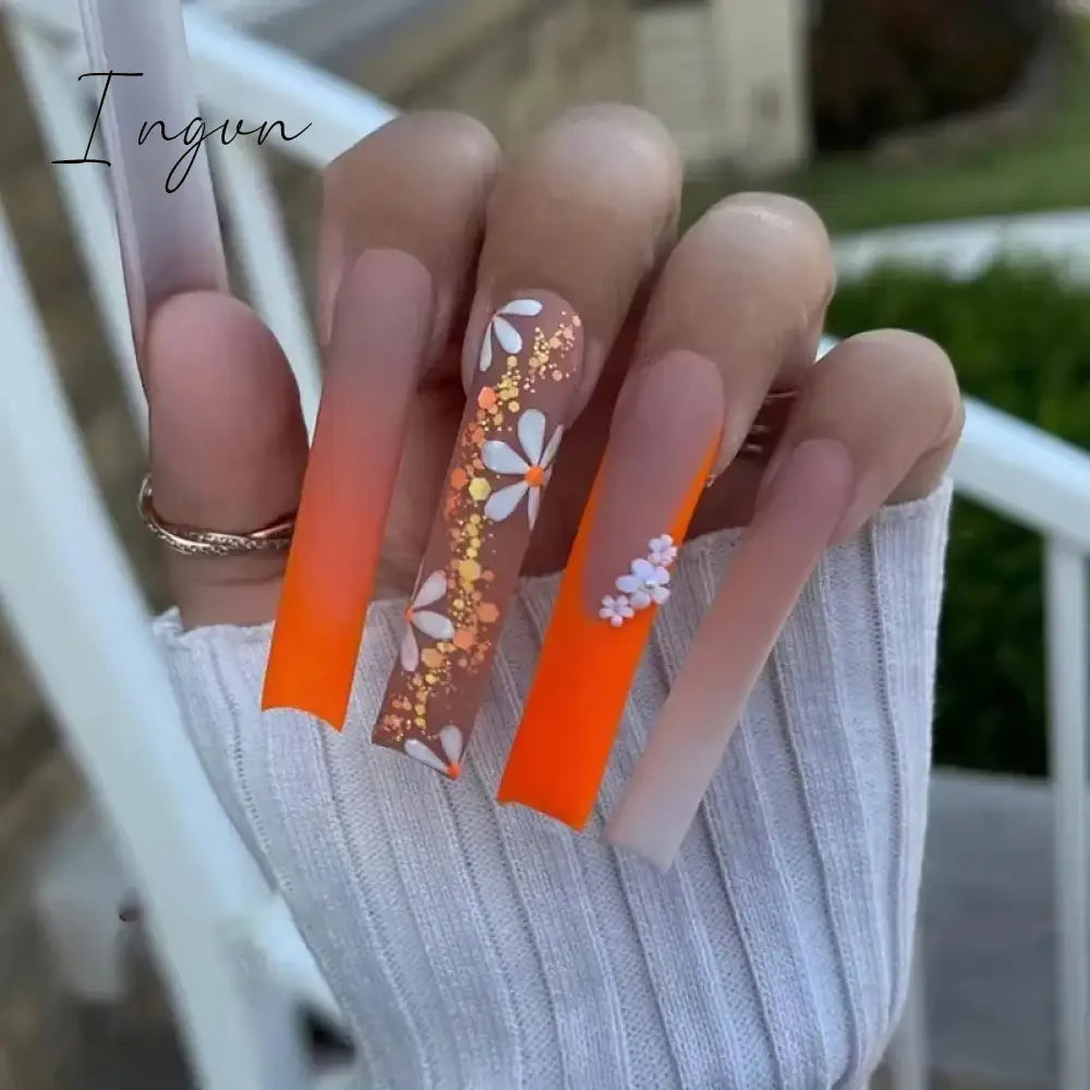 24pcs Artifical Bails With Glue Fake Nail Tips With Design Detachable Press On Nails Long Fake Nail Finished Nail Piece Sticker