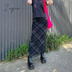 Ingvn - Autumn Fairy Grunge Long Tulle Skirts Women Kawaii Plaid Black Skirt Harajuku Low waisted Skirt Korean Fashion