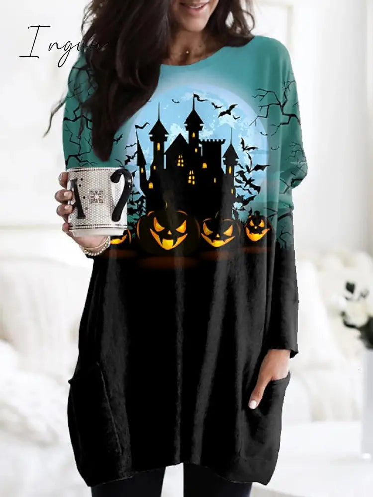 Ingvn - Women's Tunic Shirts Tunic Black White Wine Plaid Color Block Pocket Print Long Sleeve Halloween Weekend Round Neck Long Abstract Painting S