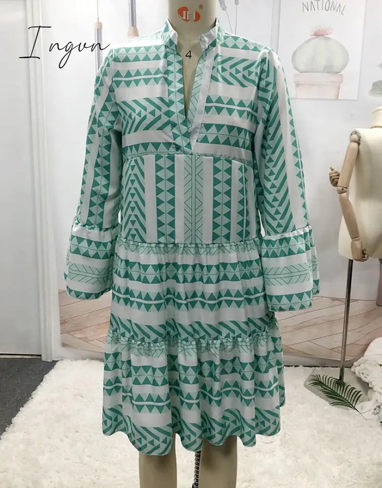 Ingvn - V neck Swing Women Daily Cotton Bell Sleeve Printed Tribal Summer Dress