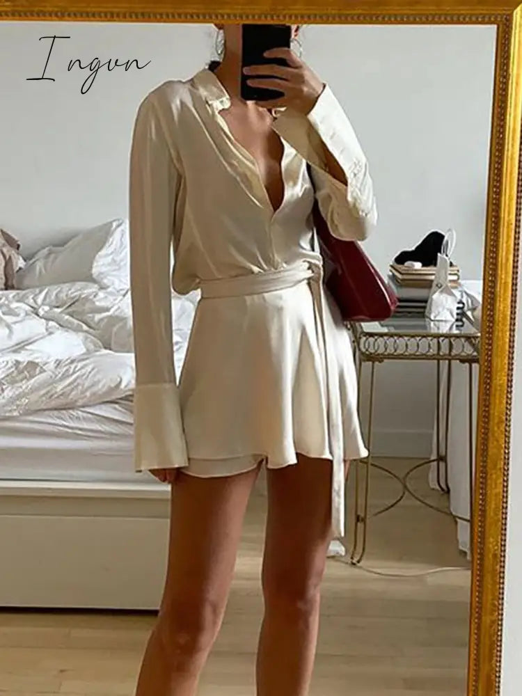 Ingvn - Casual Satin Two Piece Dress Set For Women White O-neck Button Top Bandage Mini Pencil Skirts Outfits Fashion Party Suit