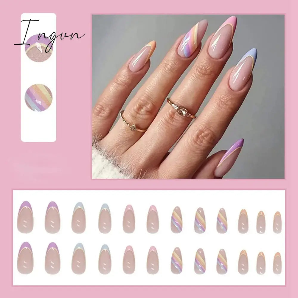 Simple French Wearable False Nails Almond Colorful Stripes Colorblock Design Manicure Fake Nails Line Full Cover Press On Nail