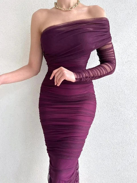 See Through Mesh Midi Dresses For Women Fold Sexy Slim Cocktail Dress Woman Wedding Bodycon Off Shoulder Dress Women's