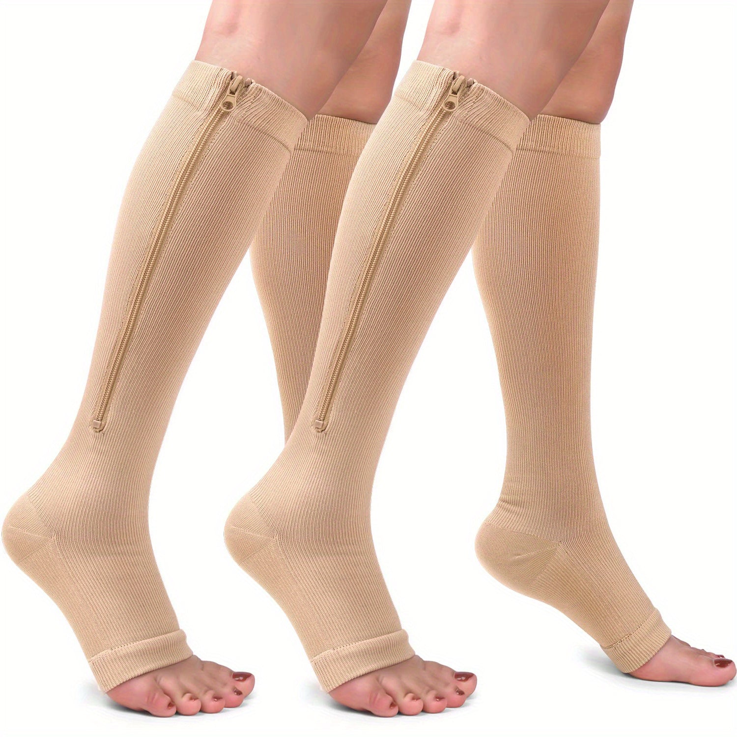 2 Pairs Compression Socks For Running, And Athletics - Open Toe, Zipper Closure, Thermal