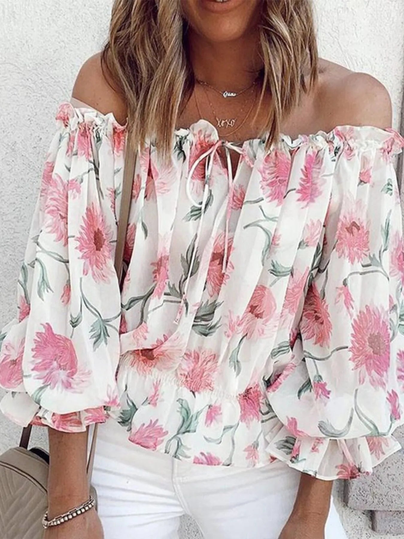 Off-Shoulder Floral Print Blouse