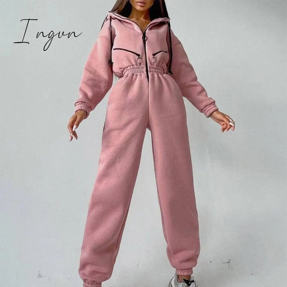 Ingvn - Casual Women Basic Hoodie Two Piece Sets Zipper Drawstring Jacket Outerwear And Elastic Pencil Pant Suit Autumn Winter Tracksuit