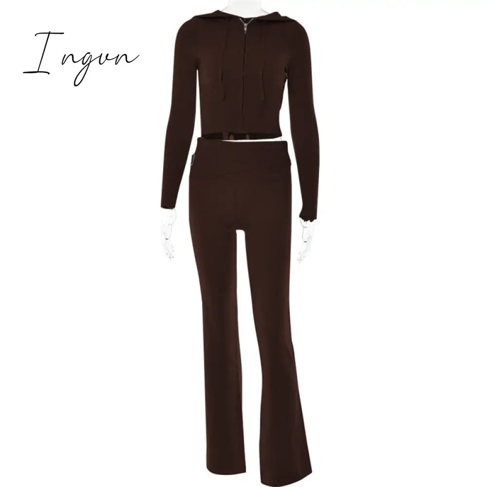 Ingvn - Zipper Lace-up Hoodies+Pant Sets 2023 Women Slim-fit Solid Cardigan Street Temperament Casual Femme Sweatshirt Suits
