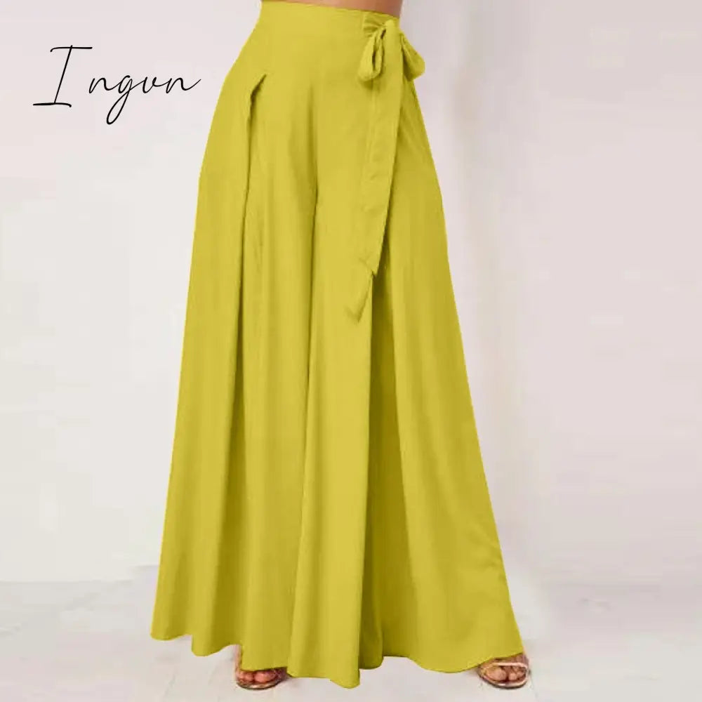 Ingvn - Elegant High Waist Solid Work Trousers Fashion Summer Women Loose Wide Leg Pants Palazzo Oversized Bow Tie Long Pantalon
