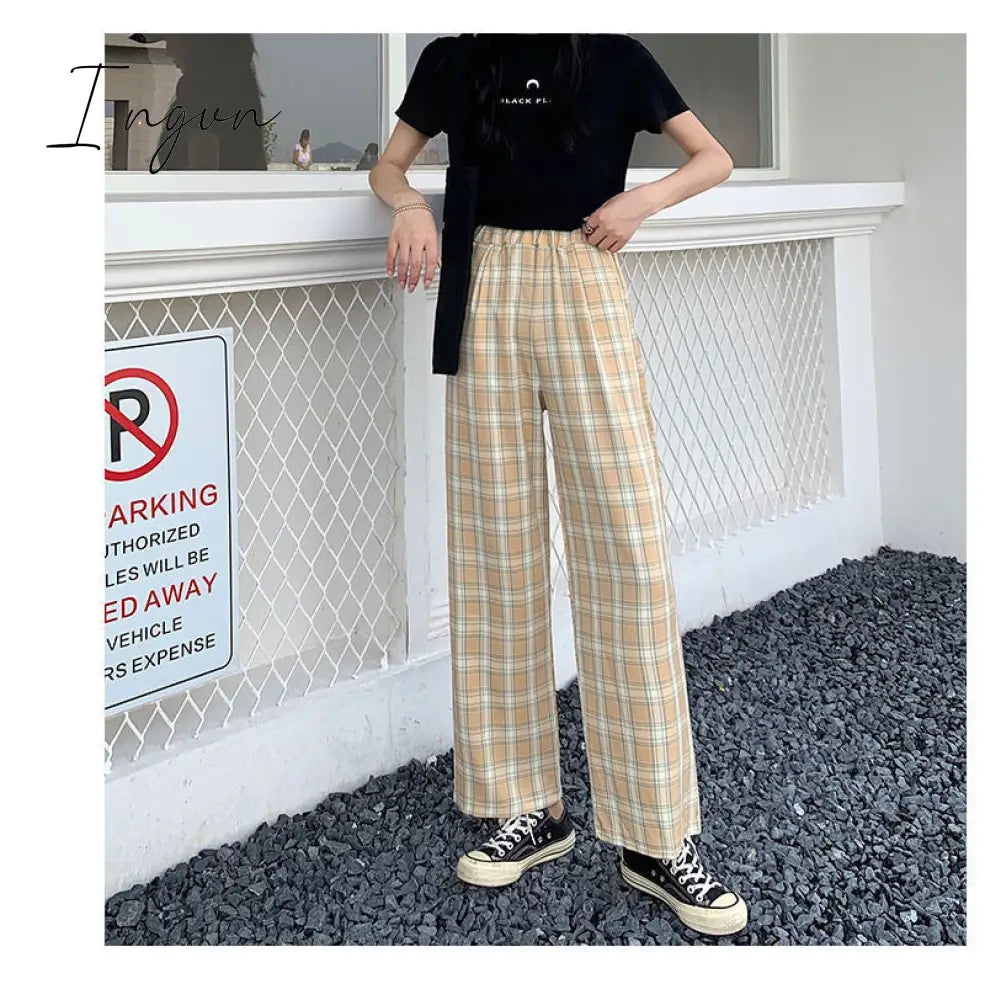 Ingvn - Vintage Plaid Pants Women High Waist Plus Size Wide Leg Casual Female Trousers Summer Joggers Clothes Streetwear Girl Pants