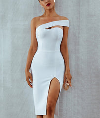 White Blue Bodycon Bandage Dress Women 2023 Summer Sexy Elegant Black One Shoulder Strapless Celebrity Runway Party Dress
