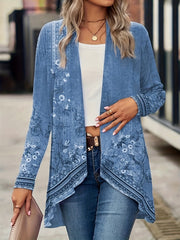 Floral Print Open Front Tunics, Casual Dipped Hem Long Sleeve Outwear For Spring & Fall, Women's Clothing