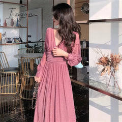 Ingvn - Women Dress Autumn V-Neck Long Sleeve Shiny Midi Dress A-Line Evening Night Party Elegant Dress Red Black Pink vestidos