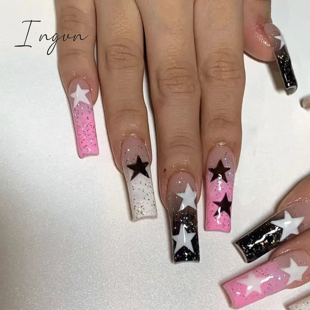 24Pcs Purple Y2K Press on Nails Star Diamond Designs Full Cover Fake Nails Long Coffin Acrylic False Nails for Women 2023 New
