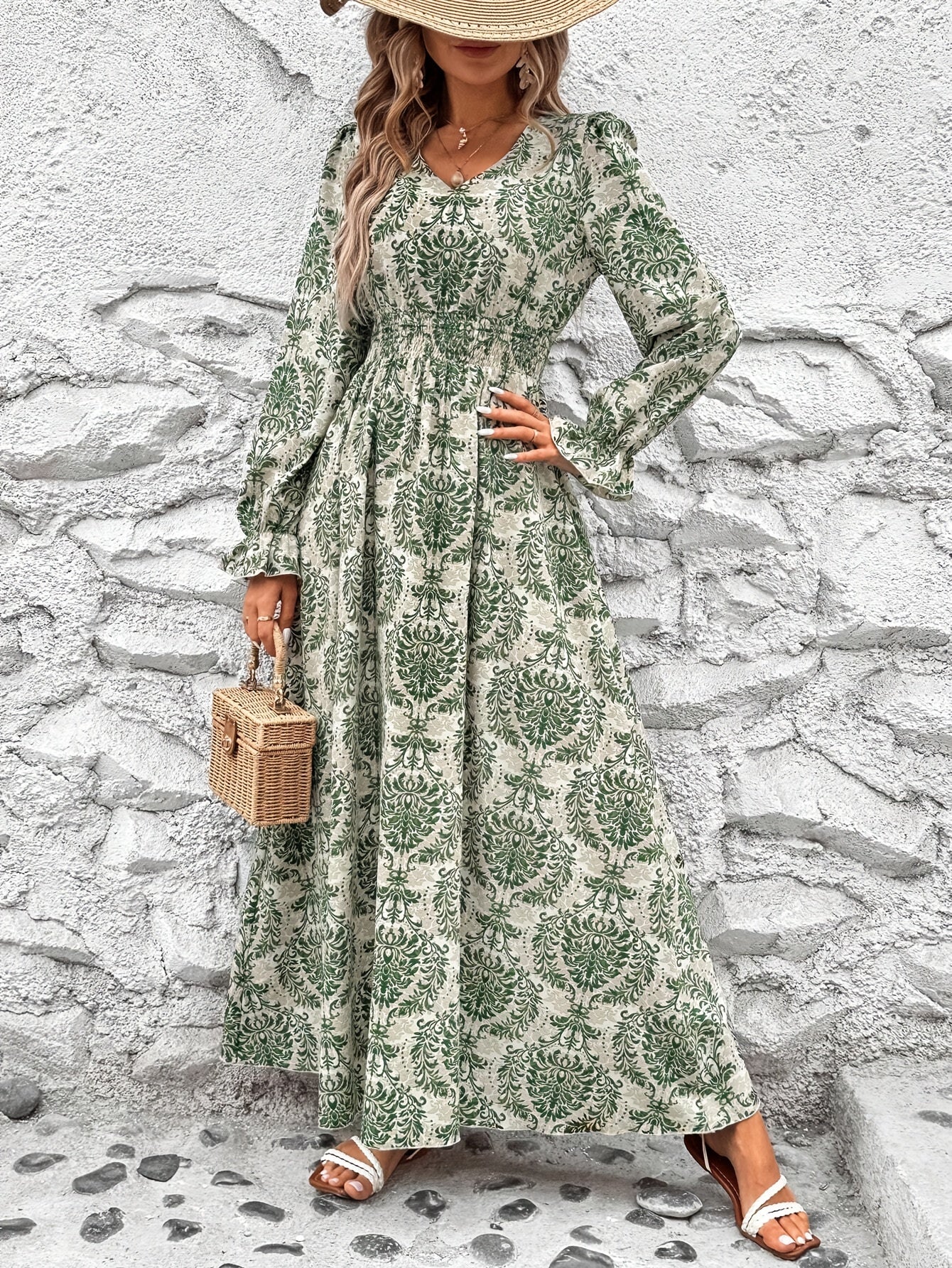 Paisley Print V Neck A-line Dress, Elegant Cinched Long Lantern Sleeve Dress For Spring & Fall, Women's Clothing