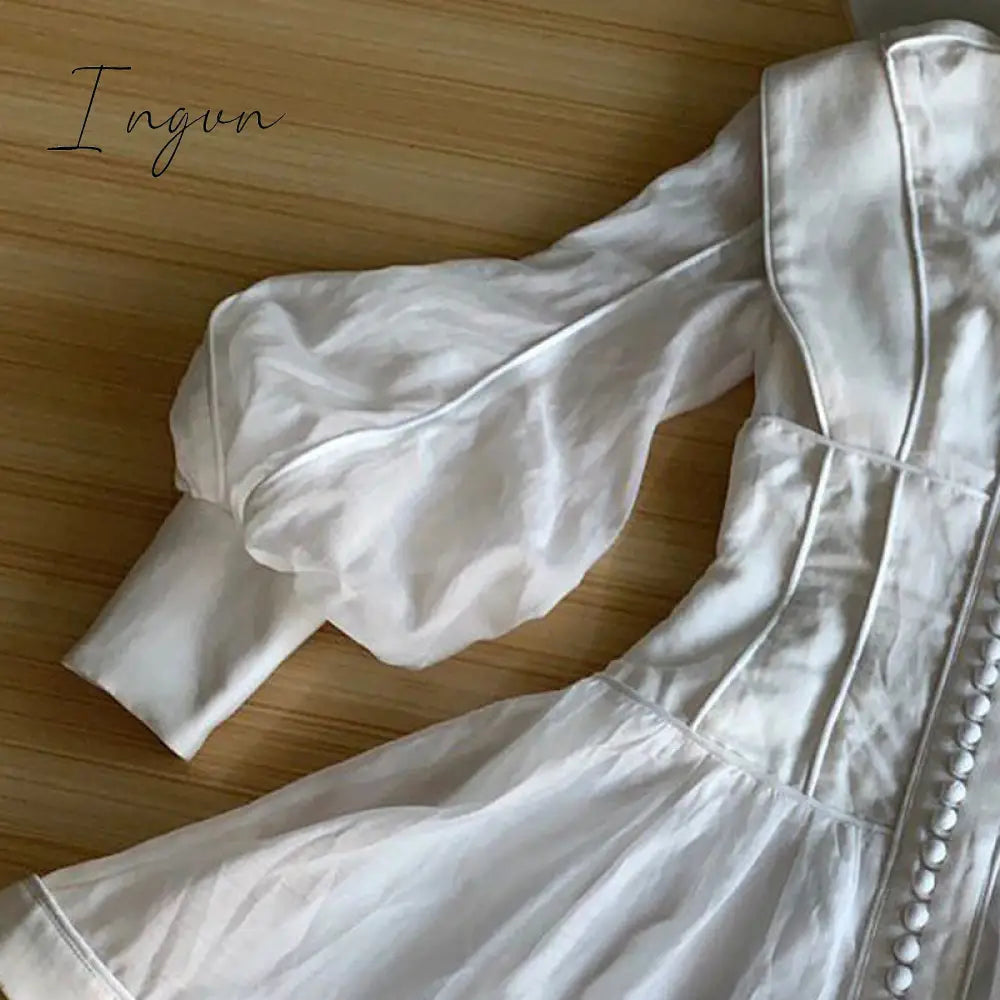 Ingvn - High-end Custom Fashion runway Dresses Stereoscopic cut slender button with bubble sleeves ladies dress