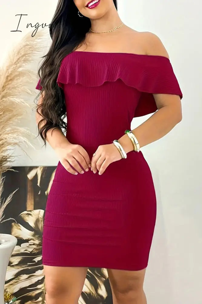 Ingvn - Celebrities Elegant Solid Flounce Off the Shoulder Wrapped Skirt Dresses