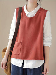Women's Crew Neck Knit Vest - Casual Sleeveless Spring/Fall Sweater with Pocket, Easy-Care, Comfort Fit