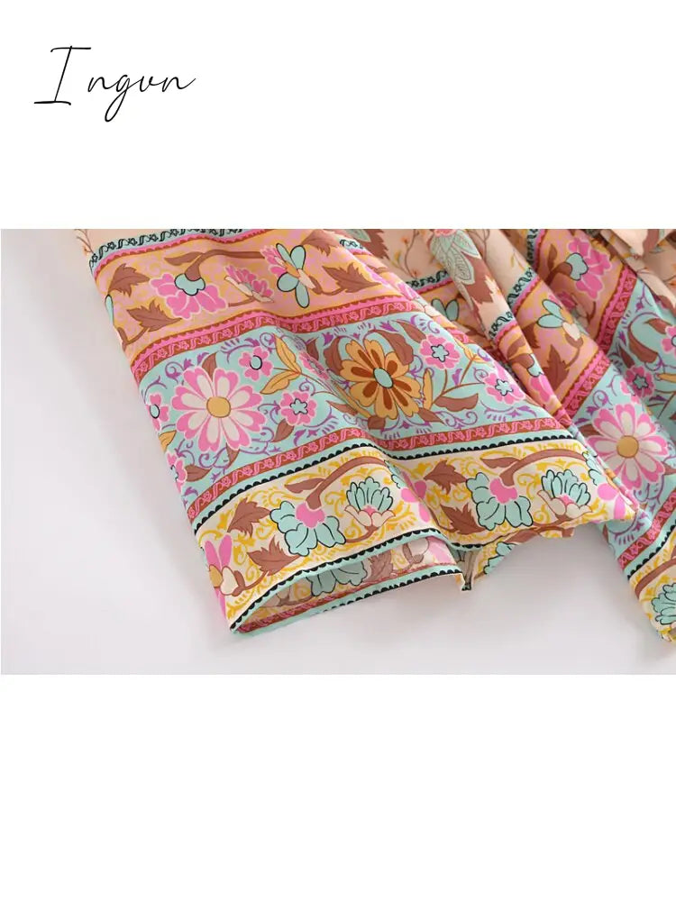 Ingvn - Vintage Peacock Floral Print Sashes Bohemian Kimono Women V Neck Batwing Sleeves Short Robe Boho Bikini Cover-ups