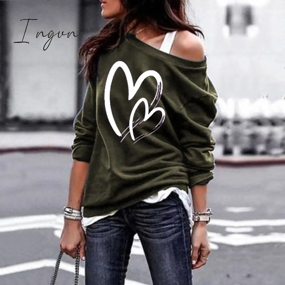 Ingvn - Women's Pullover Sweatshirt Heart Printed Long Sleeve One Shoulder Tops Autumn Winter Sweat Shirts Woman Casual Top