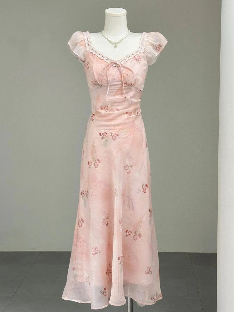 French Holiday Style Sweet Summer Dresses Women New Fashion Floral Pink Chic Long Dress Female Elegant Korean Popular Clothes