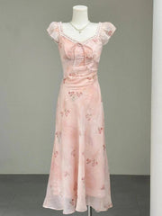 French Holiday Style Sweet Summer Dresses Women New Fashion Floral Pink Chic Long Dress Female Elegant Korean Popular Clothes