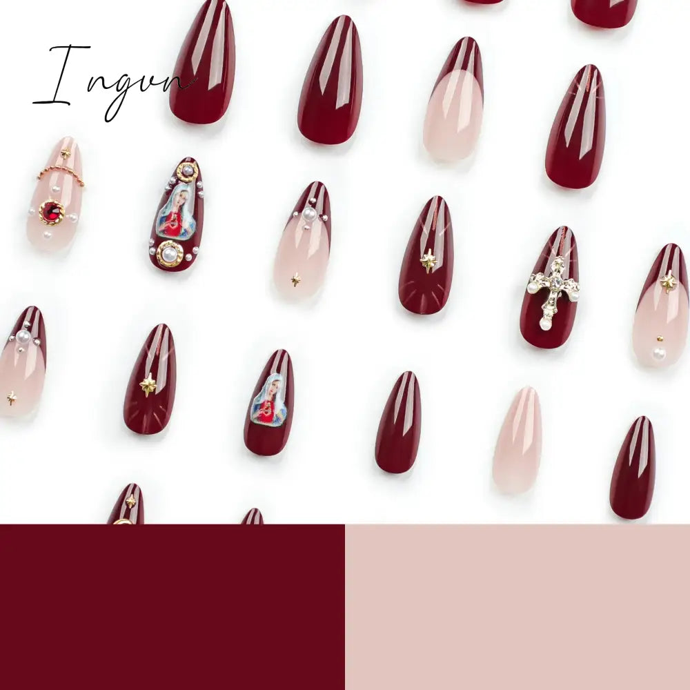 2024 New Ramadan Style False Nails with Gold Moon Star Design Almond Red French Fake Nail Patch Full Cover Detachable Manicure