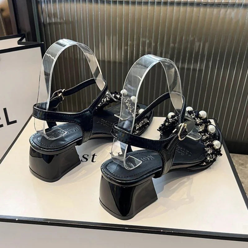Sandals for Woman Thick Heel Block Women's Shoes Leather Summer One Word Open Toe Footwear Chunky Vip Sandal The Best