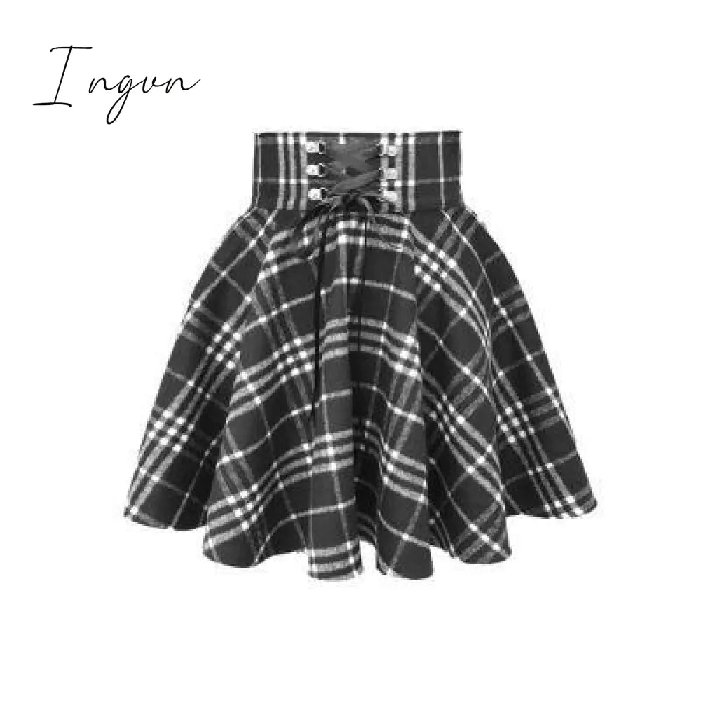 Ingvn - Gothic Lolita skirt female S-XL multi-size autumn and winter high waist lace-up short check wool skirt mini ballet skirt
