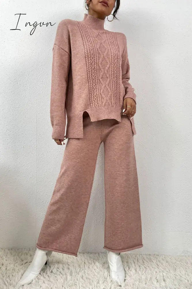 Ingvn - Casual Solid Slit Turtleneck Long Sleeve Two Pieces
